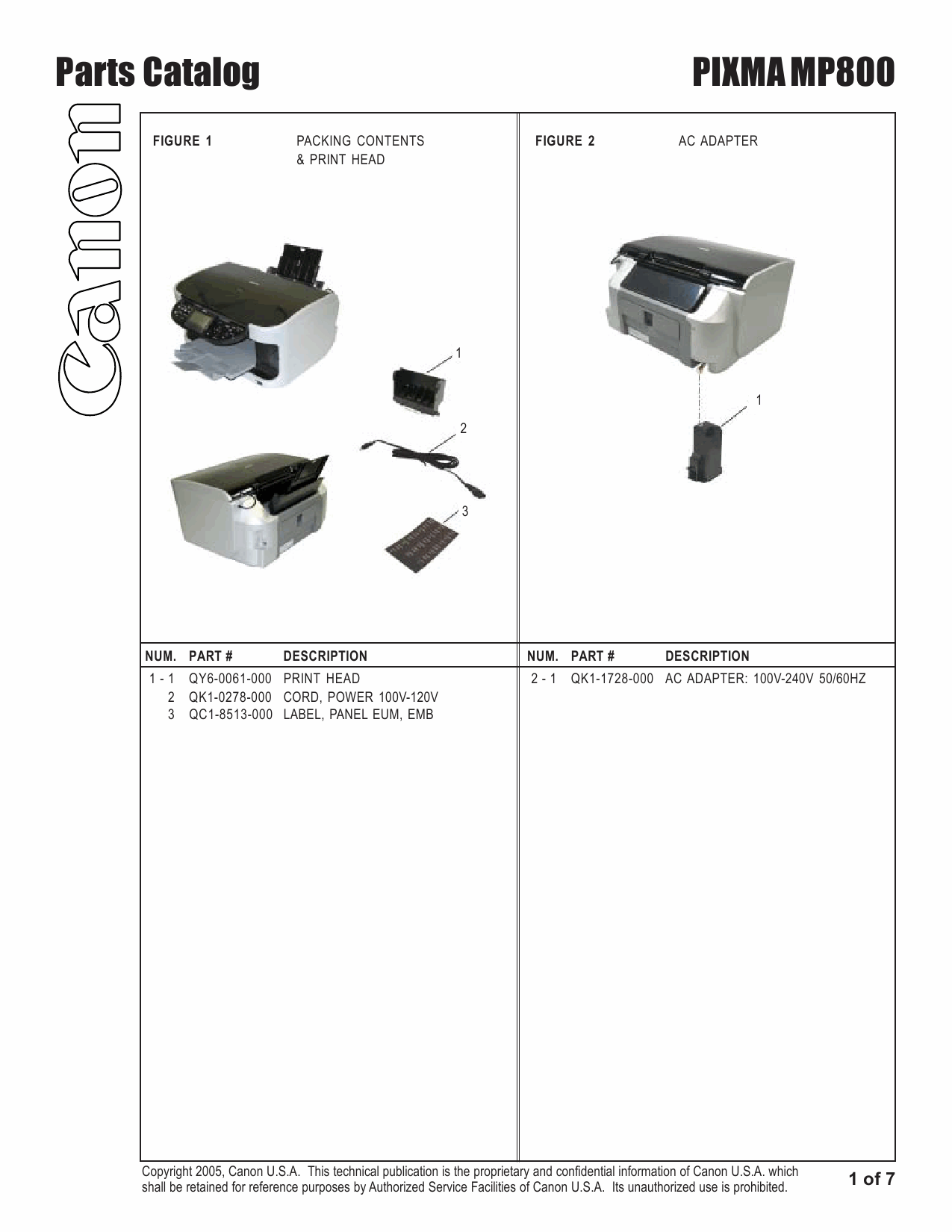 Canon PIXMA MP800 Parts Catalog Manual-2